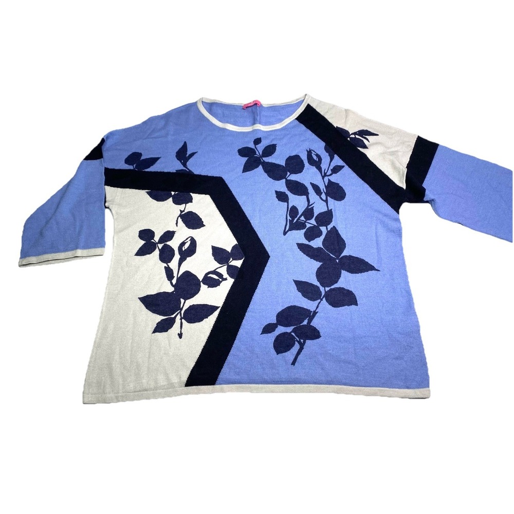 Basler Womens Wool Silk Blend Floral Colorblock Sweater Blue 3/4 Sleeve Top